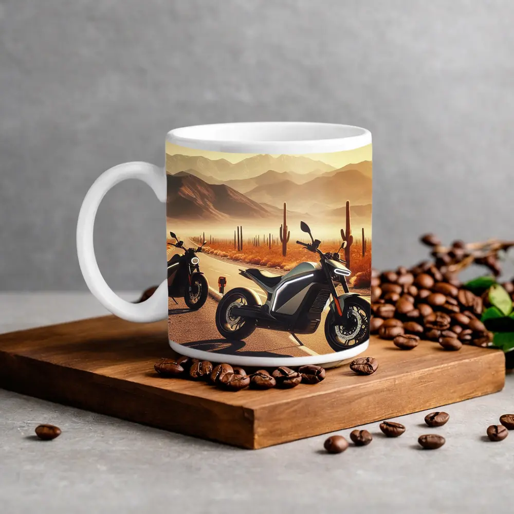Electric Motorcycles Parked Desert Cactus Road – Mugs