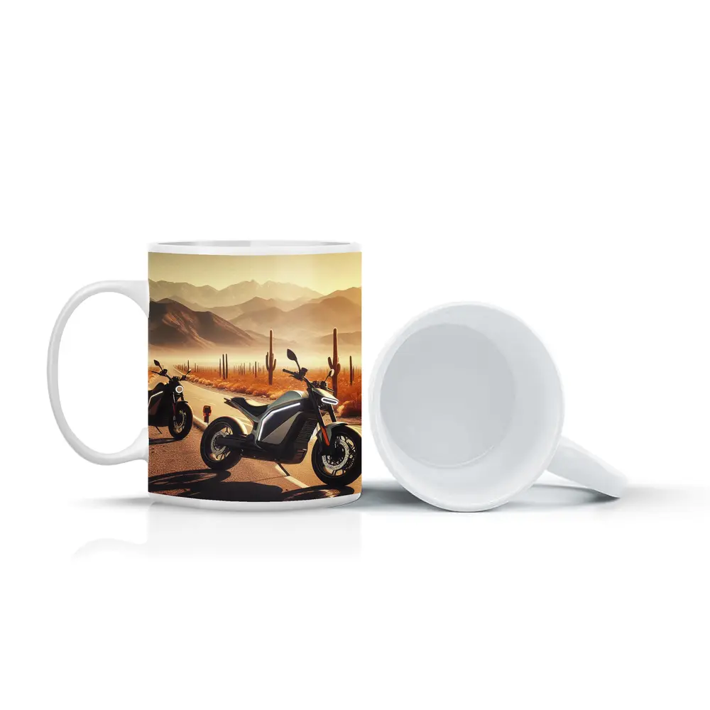 Electric Motorcycles Parked Desert Cactus Road – Mugs