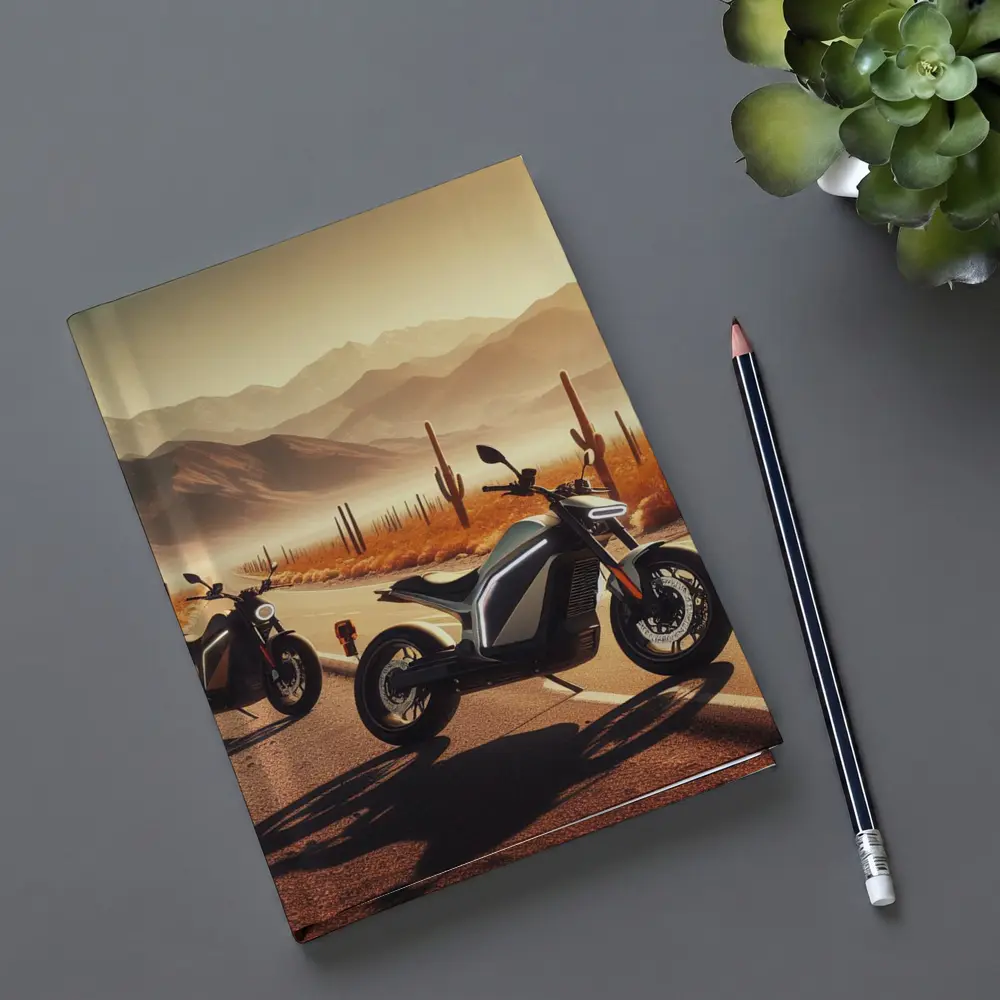 Electric Motorcycles Parked Desert Cactus Road – Notebooks