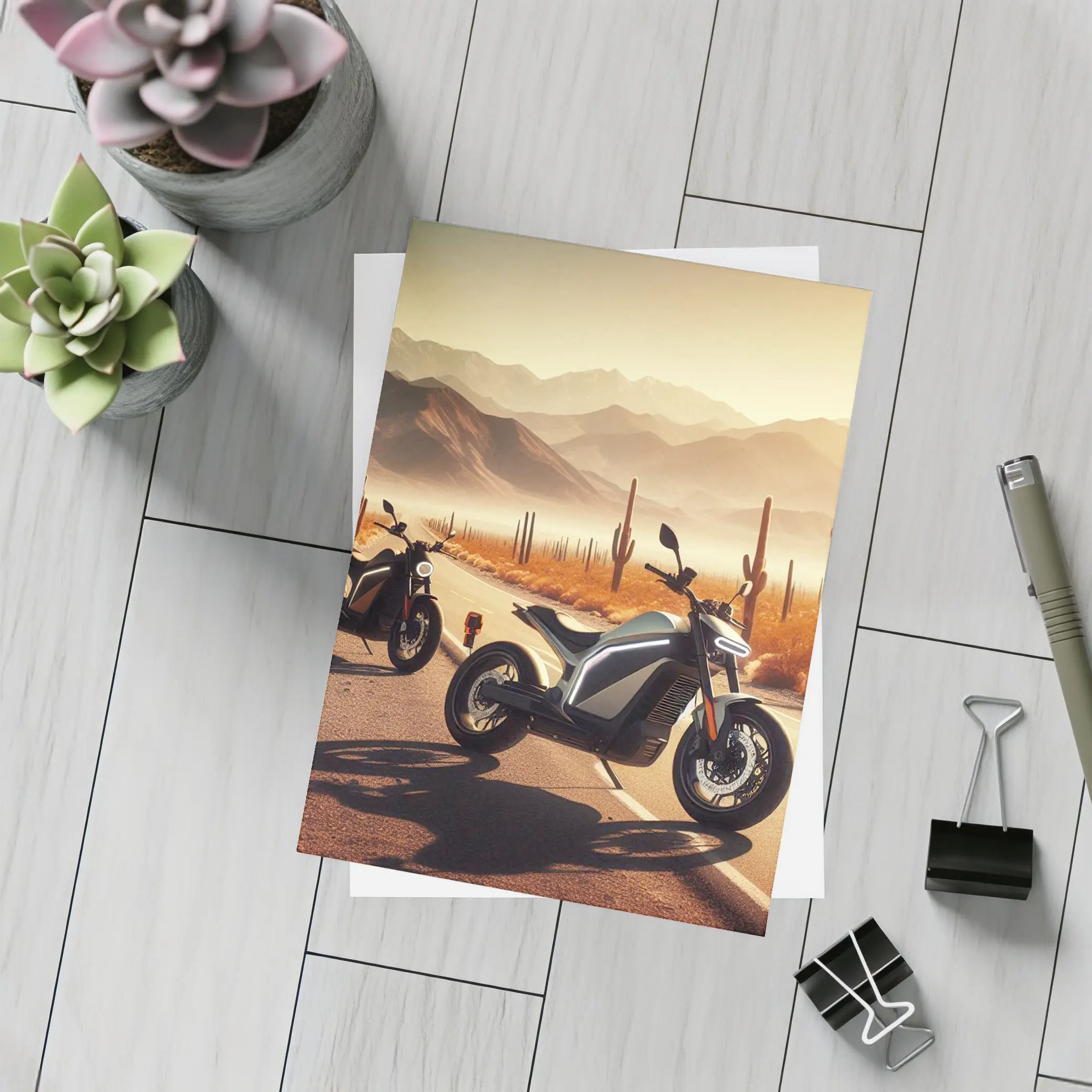 Electric Motorcycles Parked Desert Cactus Road – Postcards