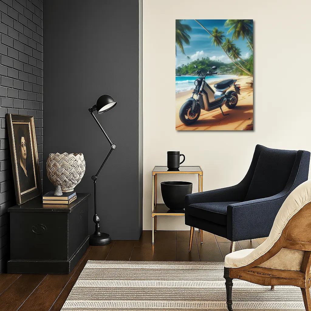 Electric Scooter Parked On Tropical Beach – Wall Art