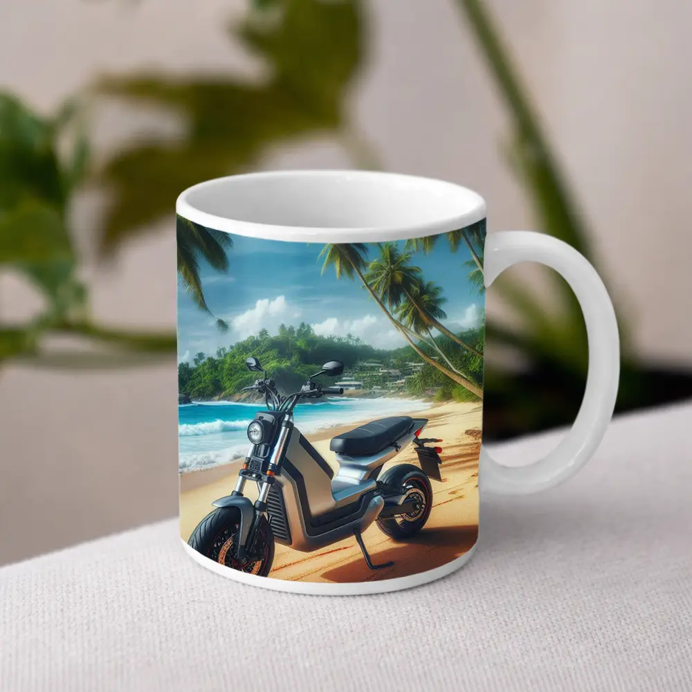 Electric Scooter Parked On Tropical Beach – Mugs