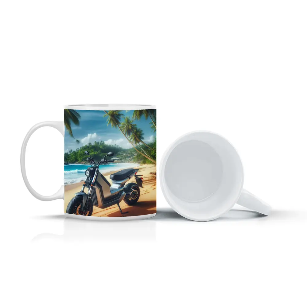 Electric Scooter Parked On Tropical Beach – Mugs