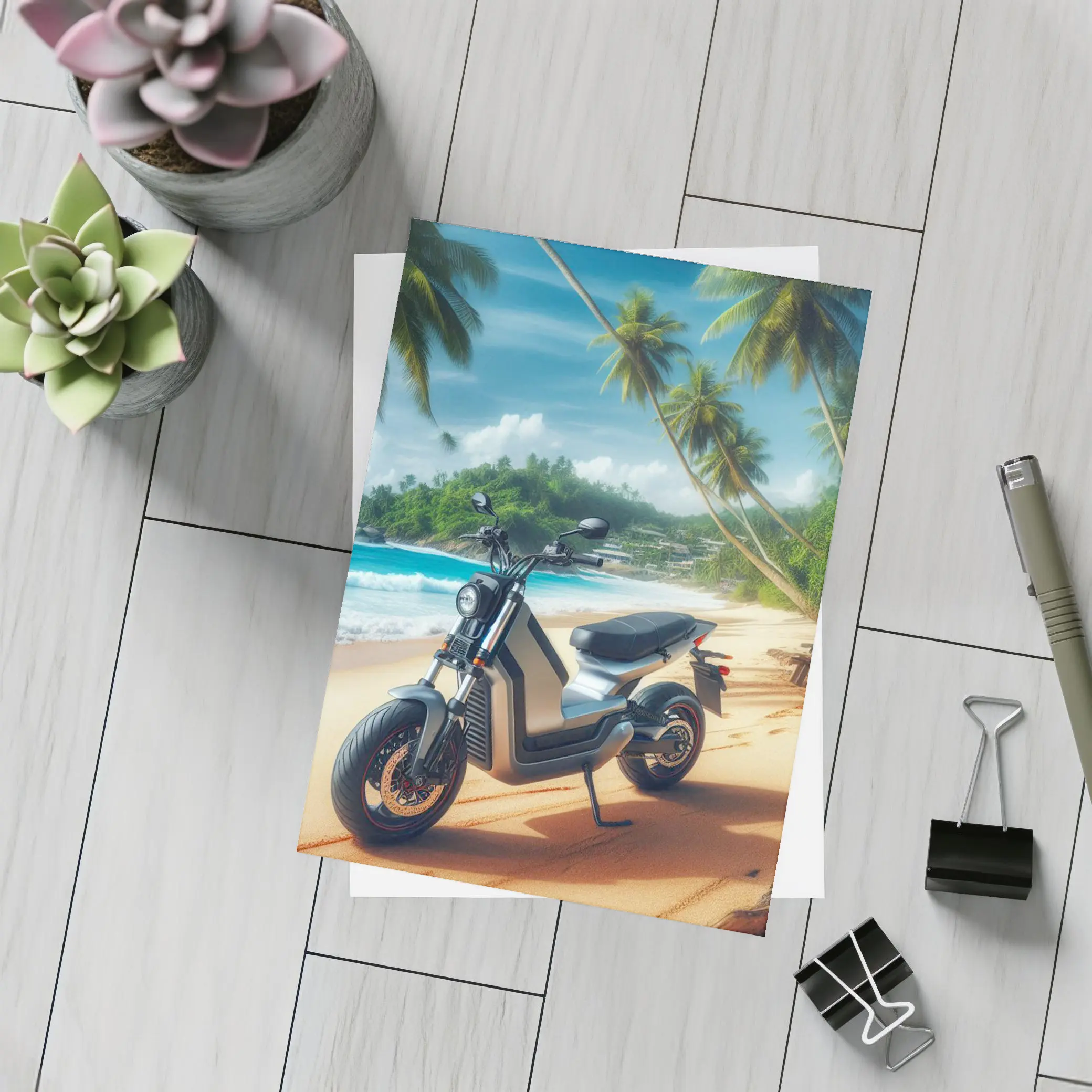Electric Scooter Parked On Tropical Beach – Postcards