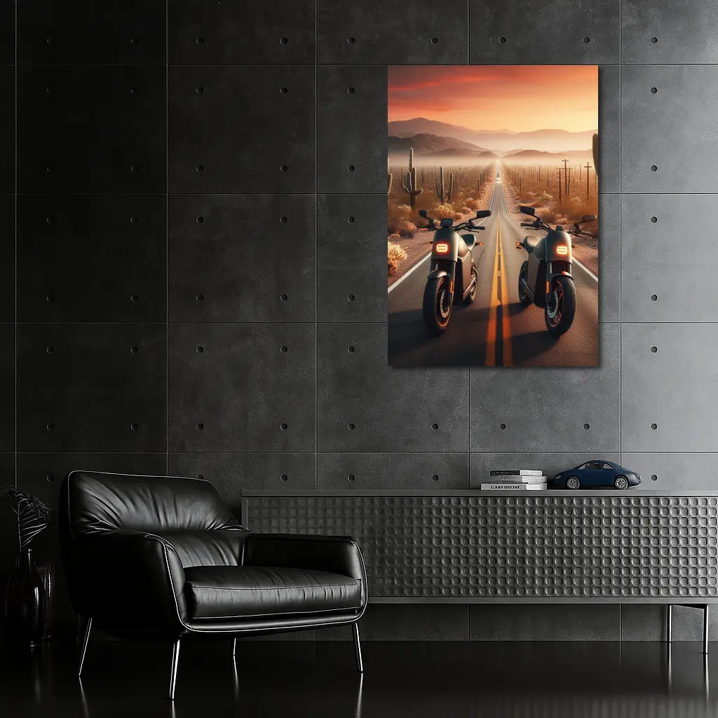 Two Electric Motorcycles Desert Sunset Road – Wall Art