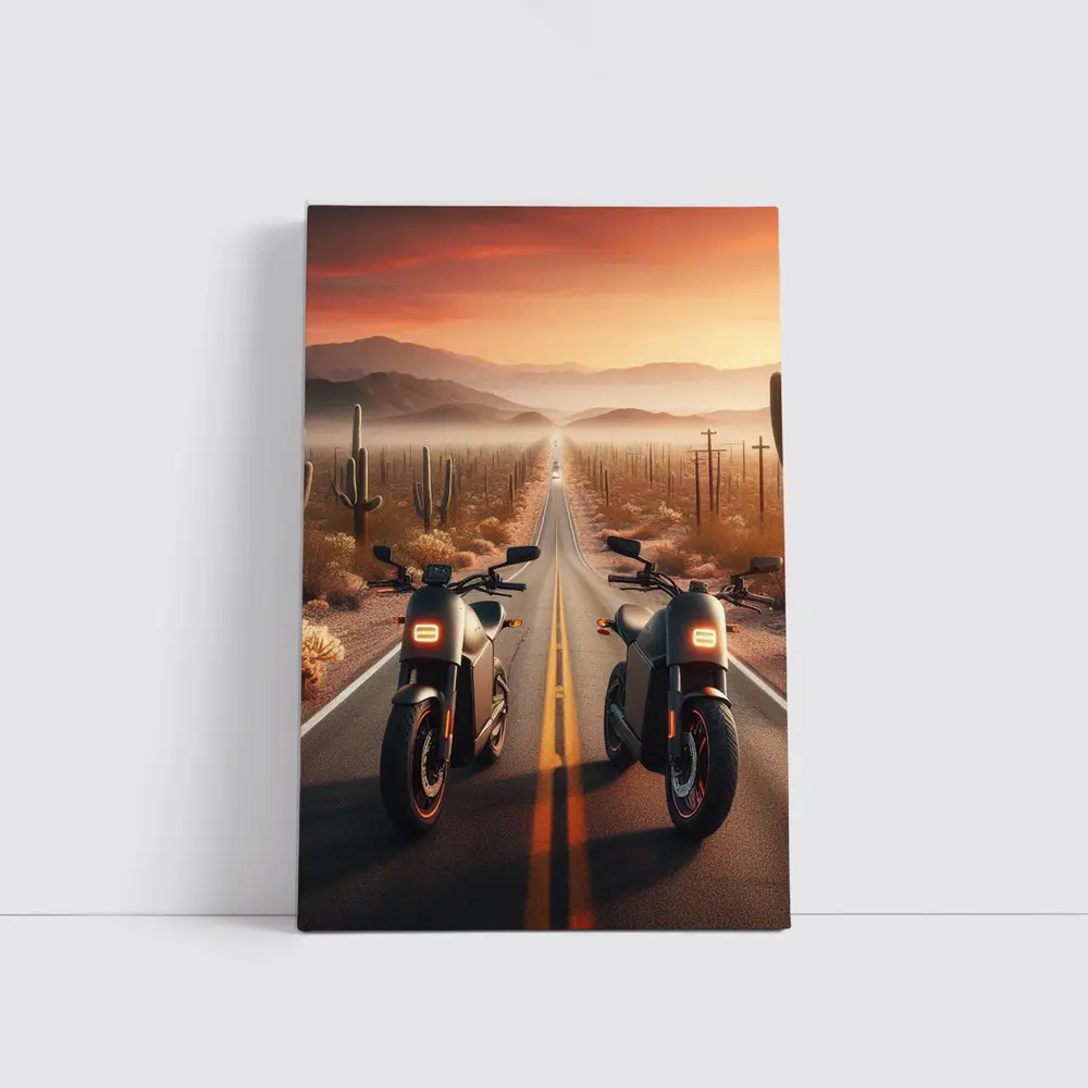 Two Electric Motorcycles Desert Sunset Road – Wall Art
