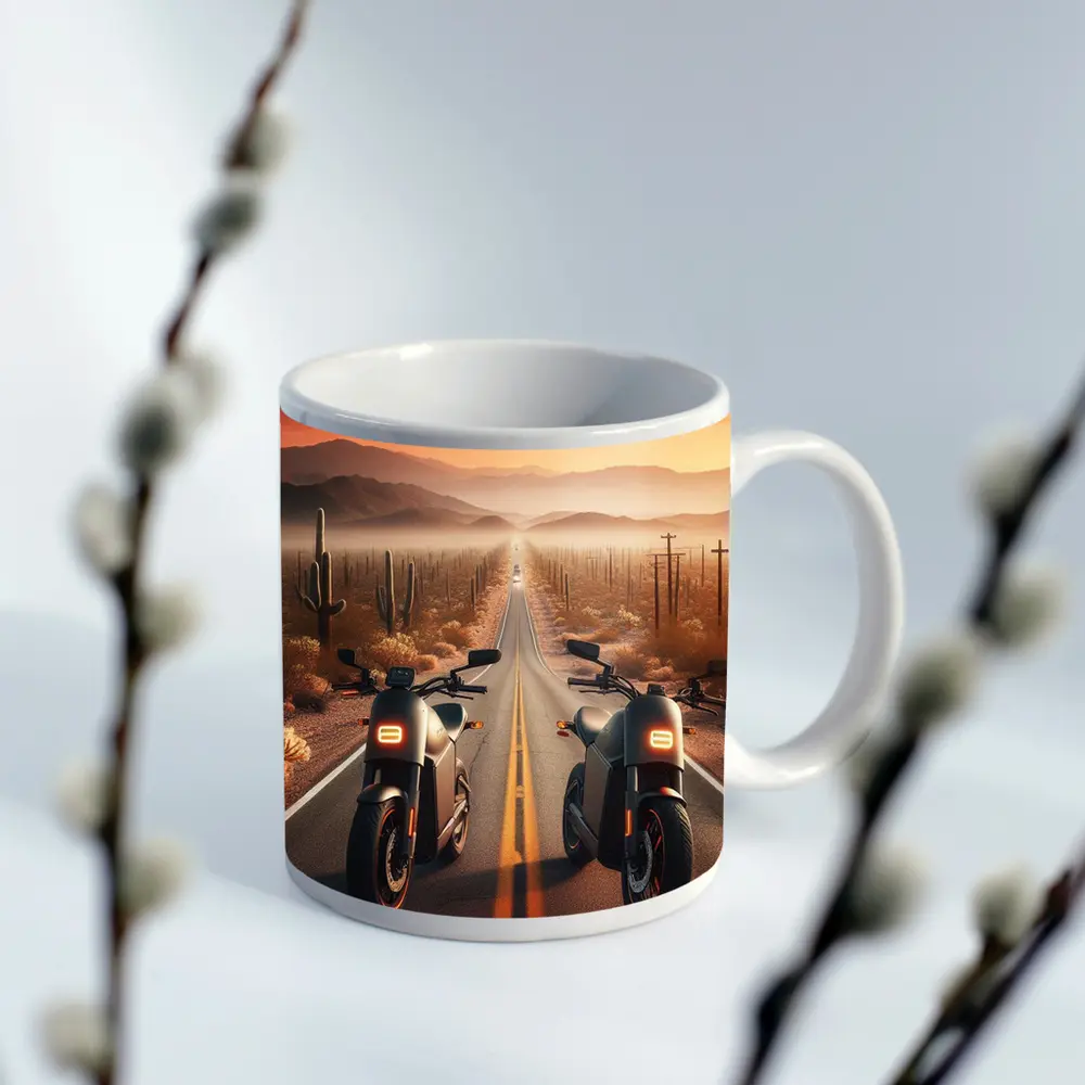Two Electric Motorcycles Desert Sunset Road – Mugs