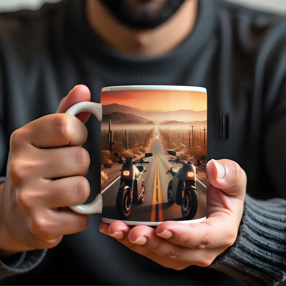 Two Electric Motorcycles Desert Sunset Road – Mugs
