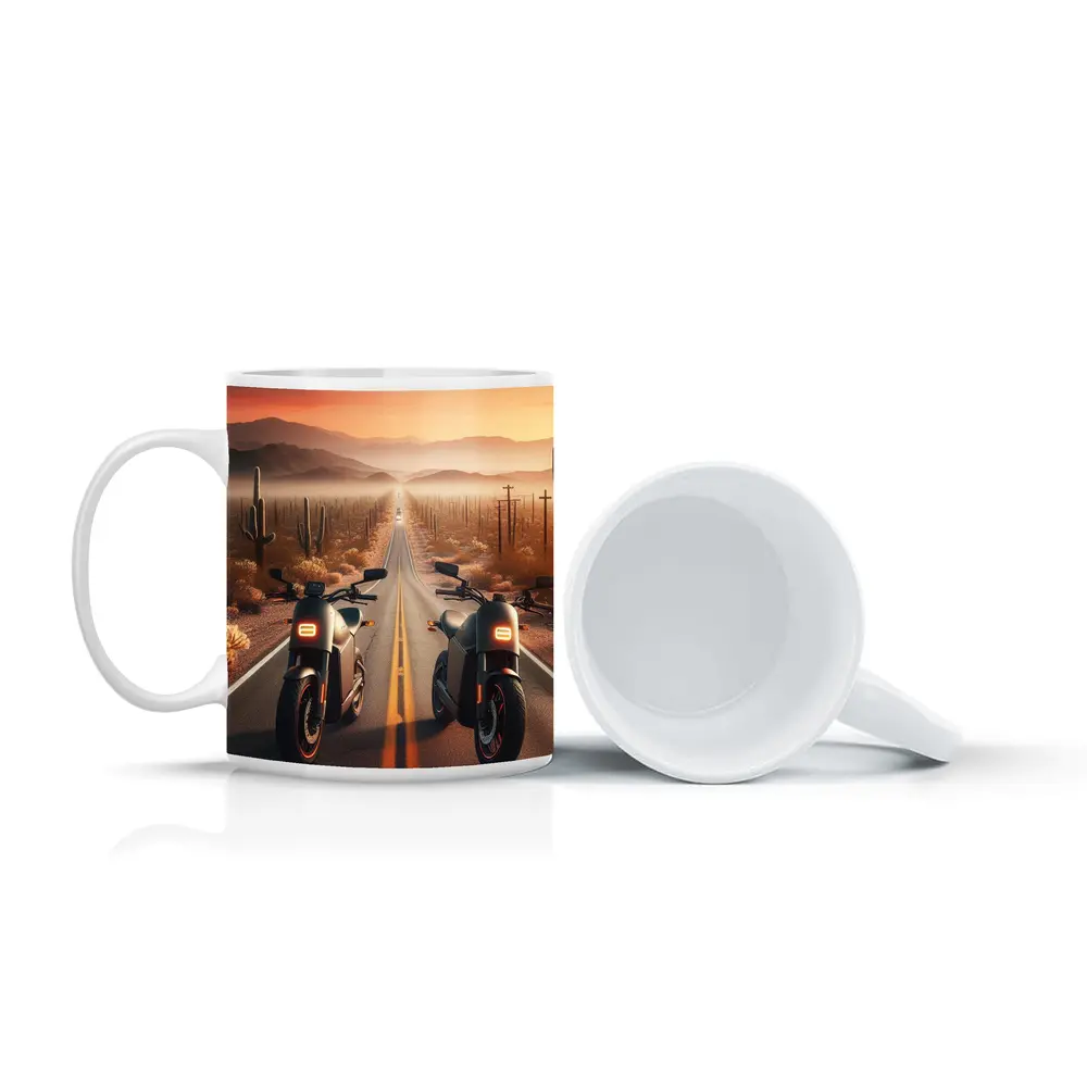 Two Electric Motorcycles Desert Sunset Road – Mugs