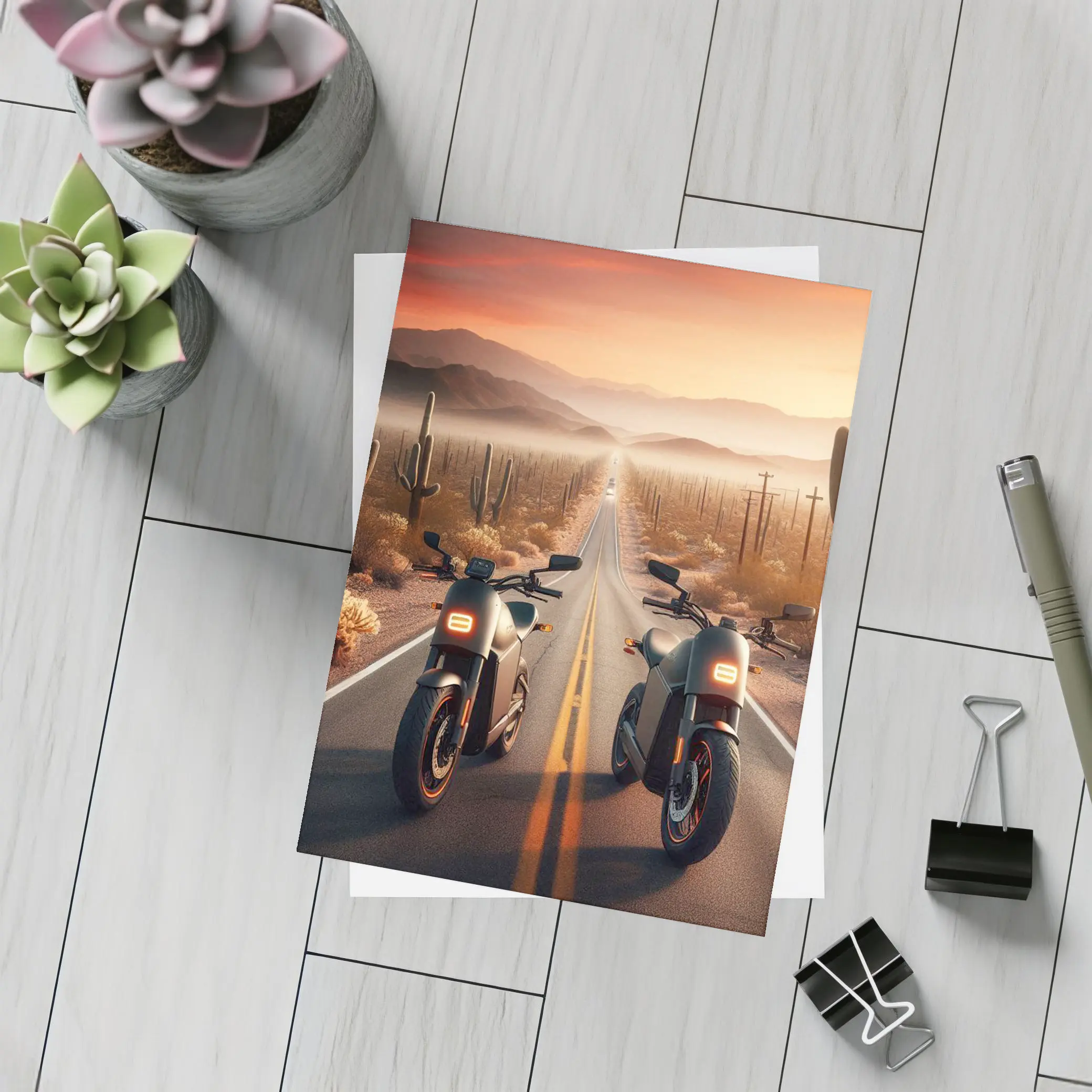 Two Electric Motorcycles Desert Sunset Road – Postcards
