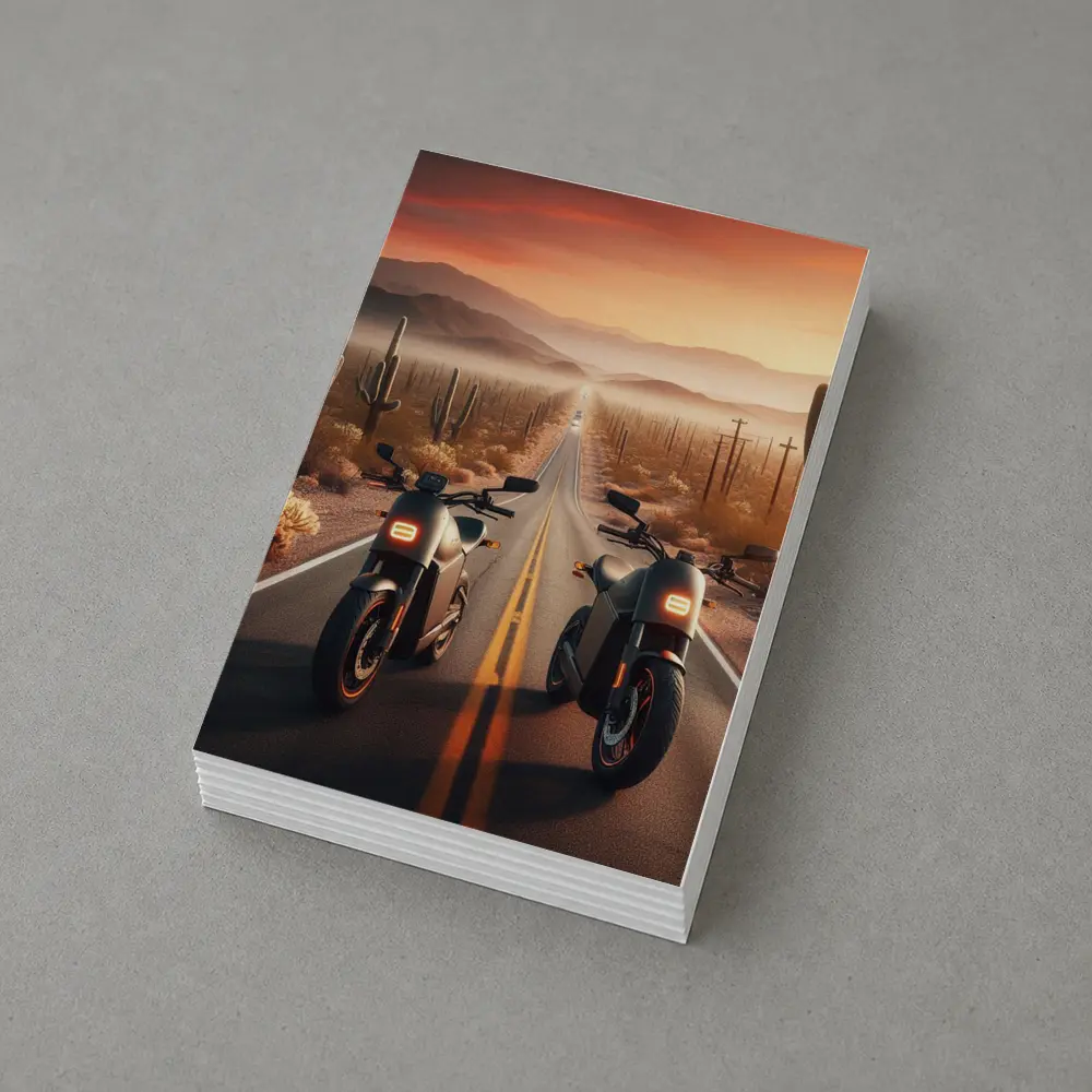 Two Electric Motorcycles Desert Sunset Road – Postcards