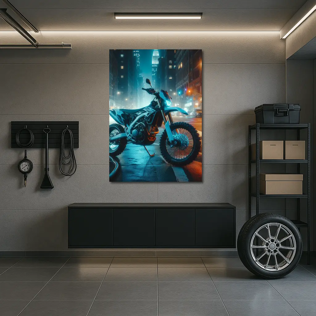 Dirt Bike Parked on Neon City Street – Wall Art