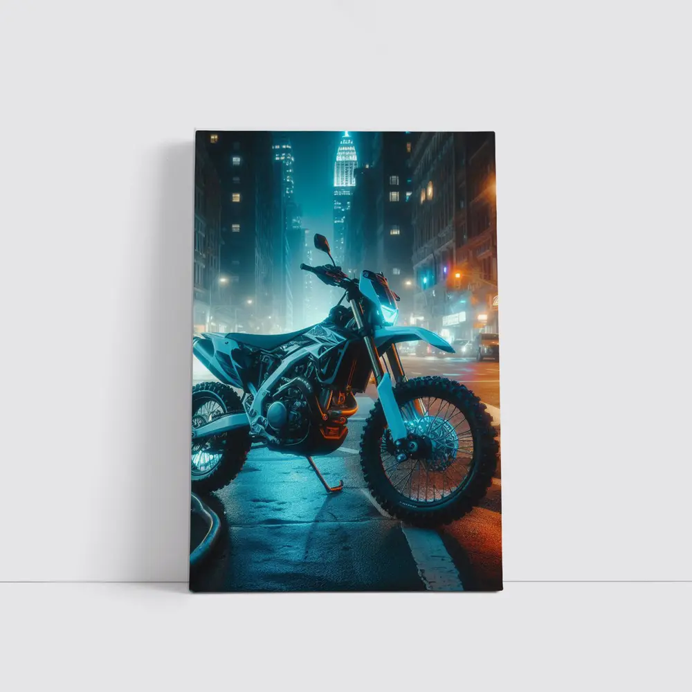 Dirt Bike Parked on Neon City Street – Wall Art