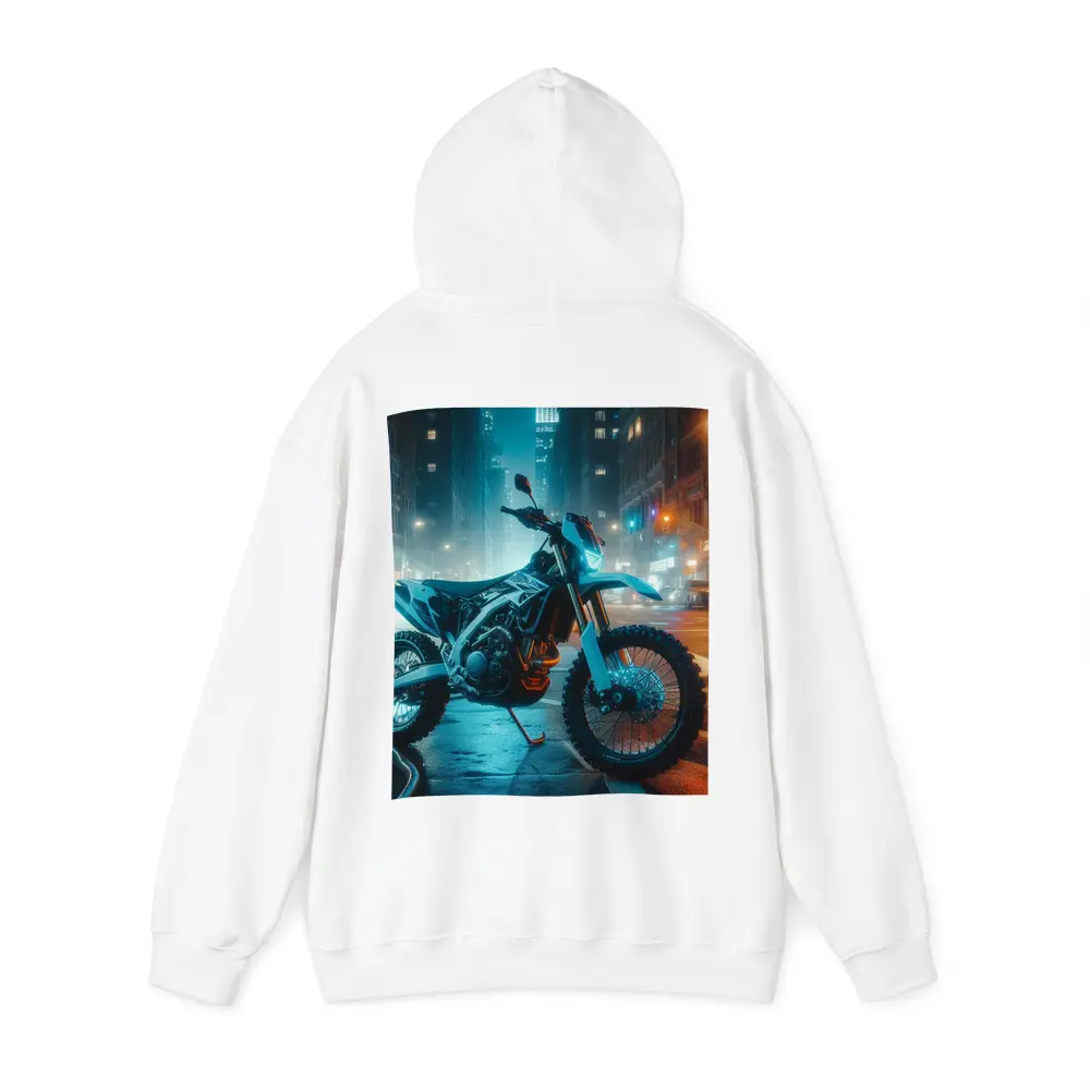 Dirt Bike Parked on Neon City Street – Hoodies