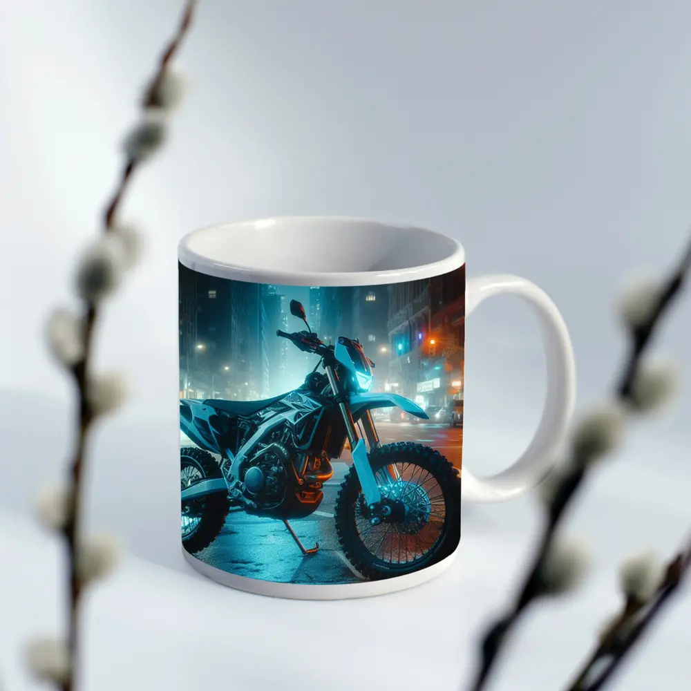 Dirt Bike Parked on Neon City Street – Mugs