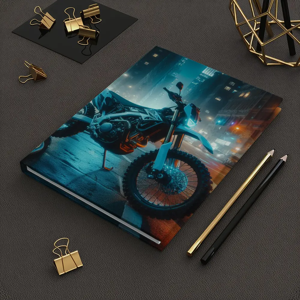 Dirt Bike Parked on Neon City Street – Notebooks