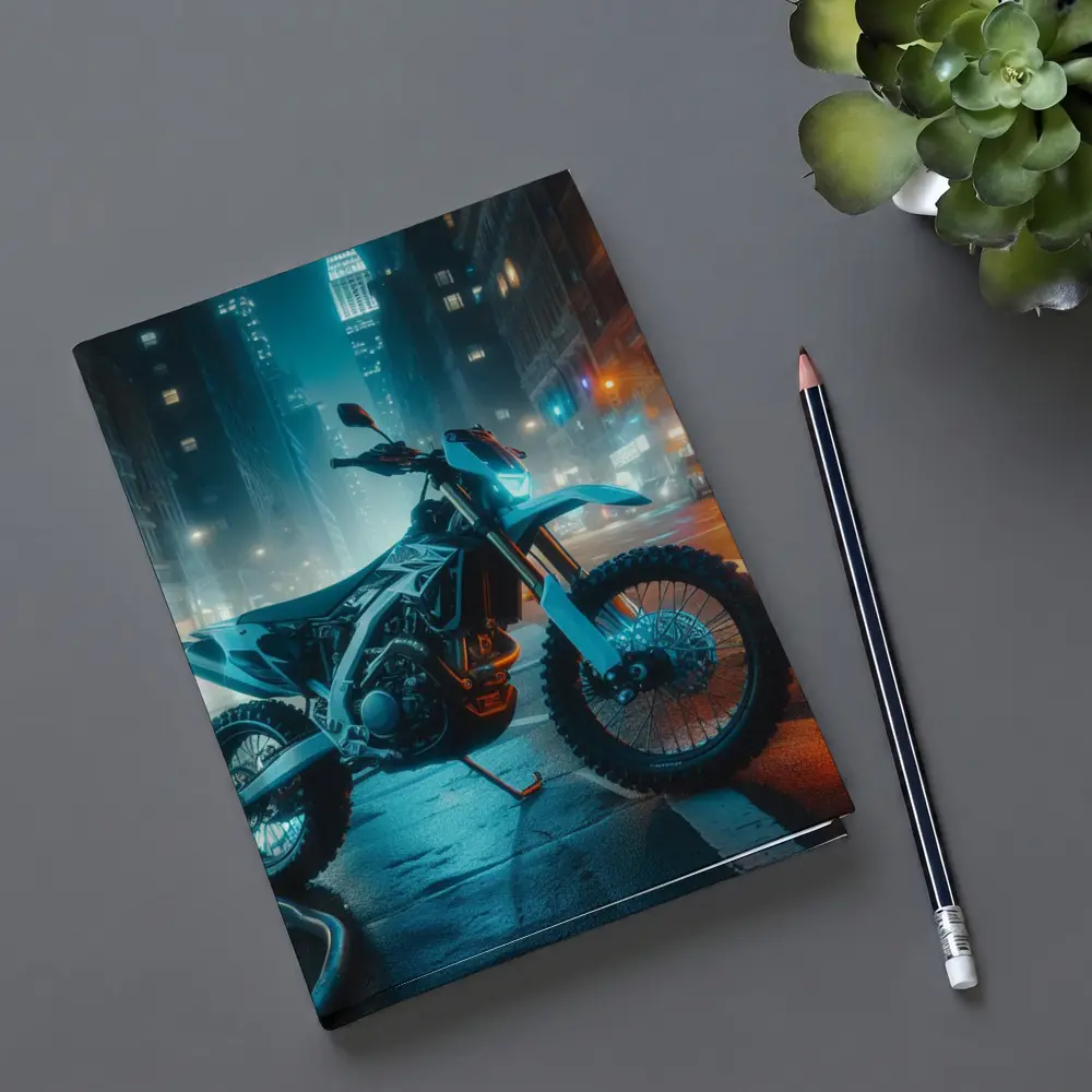 Dirt Bike Parked on Neon City Street – Notebooks