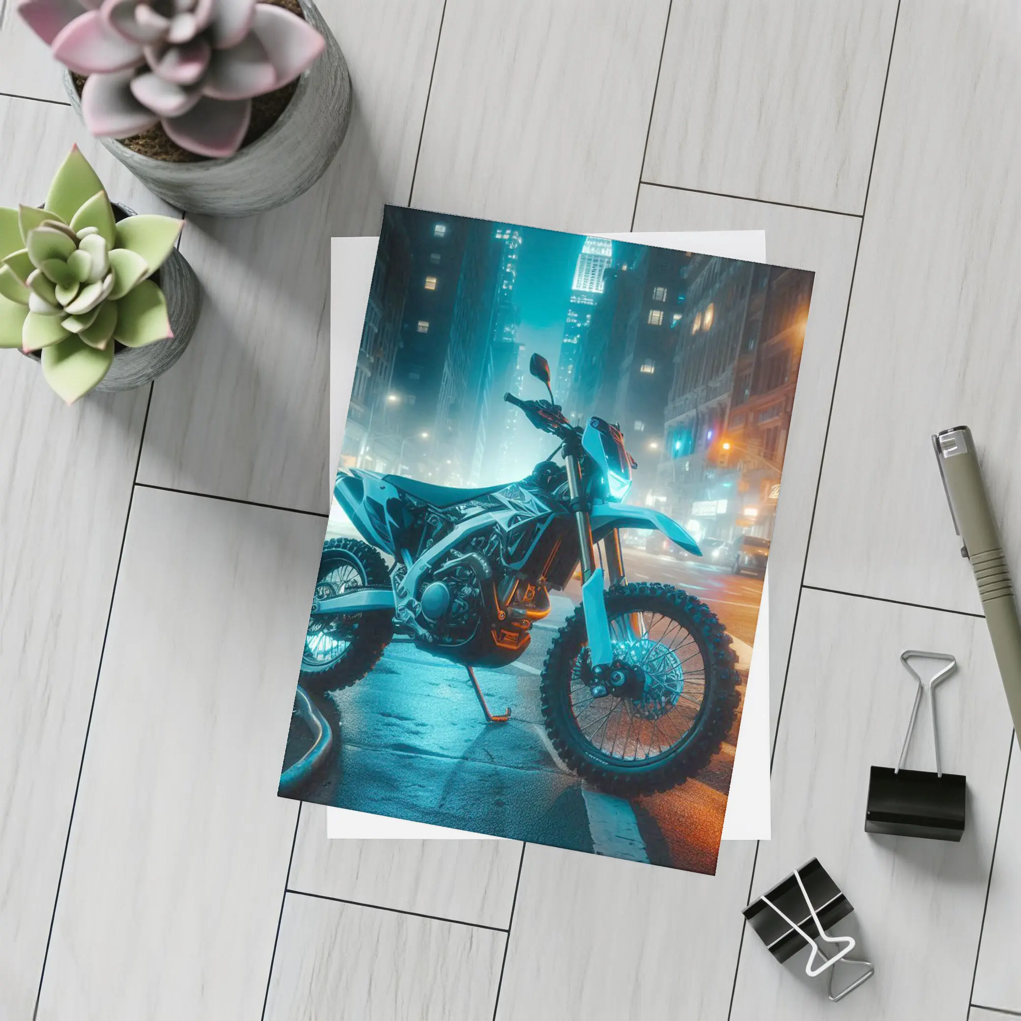 Dirt Bike Parked on Neon City Street – Postcards