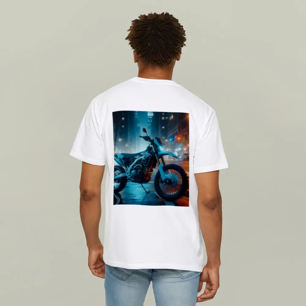 Dirt Bike Parked on Neon City Street – T-Shirts