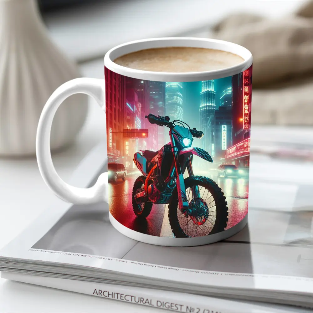 Dirt Bike Neon City Night Cyberpunk Street – Mugs