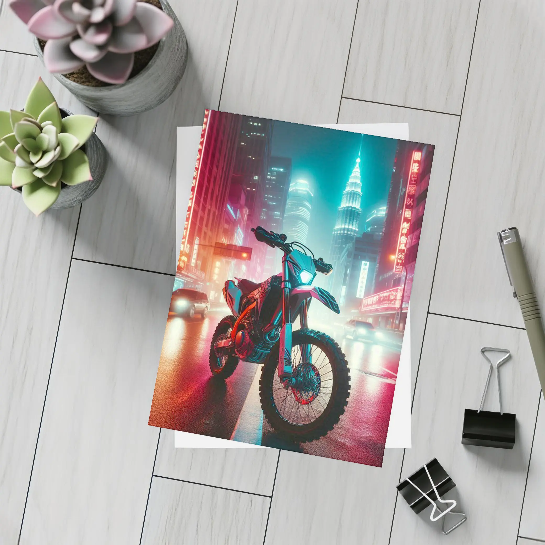 Dirt Bike Neon City Night Cyberpunk Street – Postcards