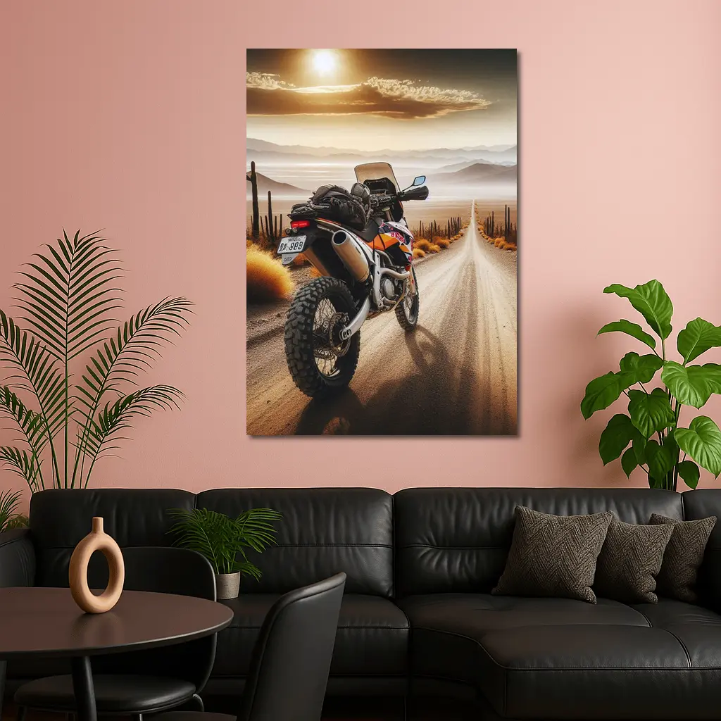 Adventure Motorcycle Desert Road Sunset Scene – Wall Art