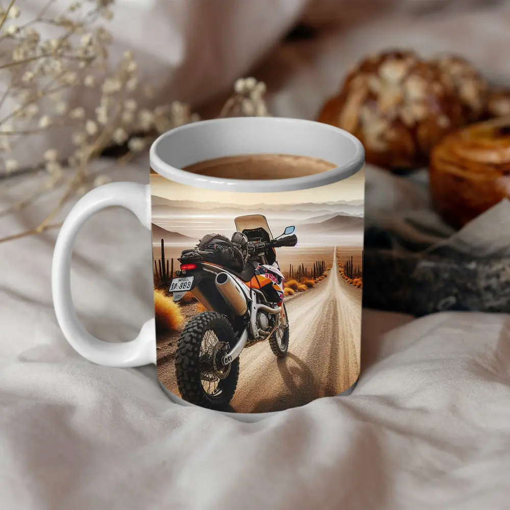 Adventure Motorcycle Desert Road Sunset Scene – Mugs