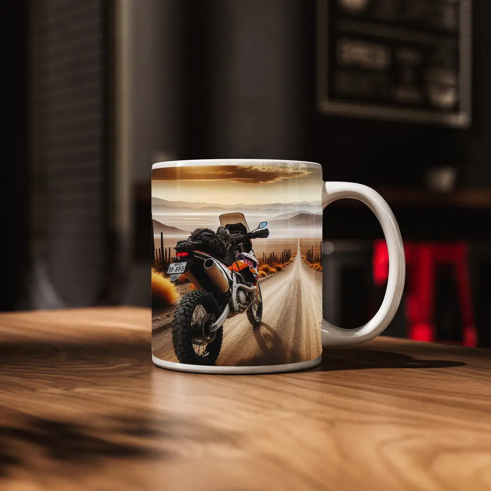 Adventure Motorcycle Desert Road Sunset Scene – Mugs