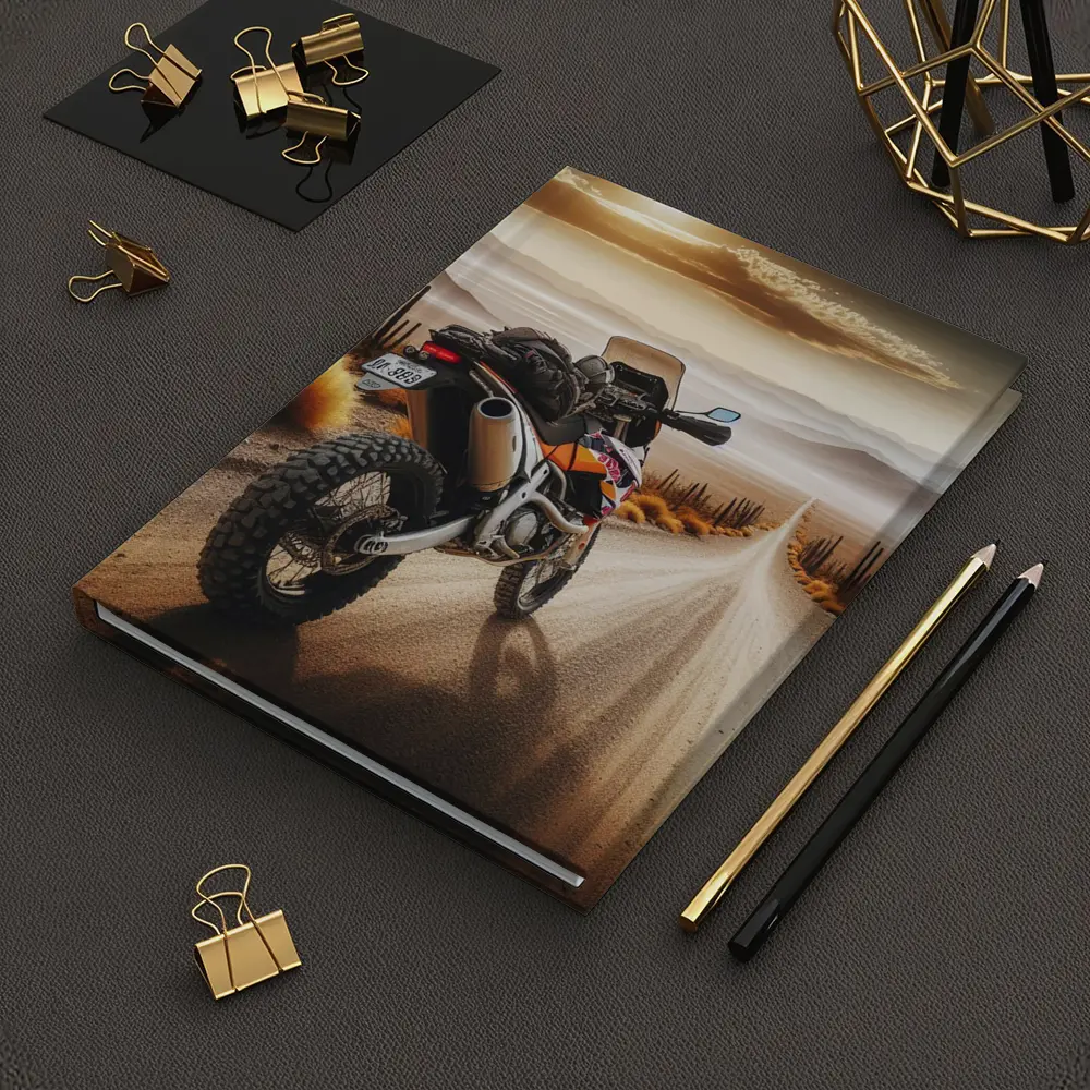 Adventure Motorcycle Desert Road Sunset Scene – Notebooks