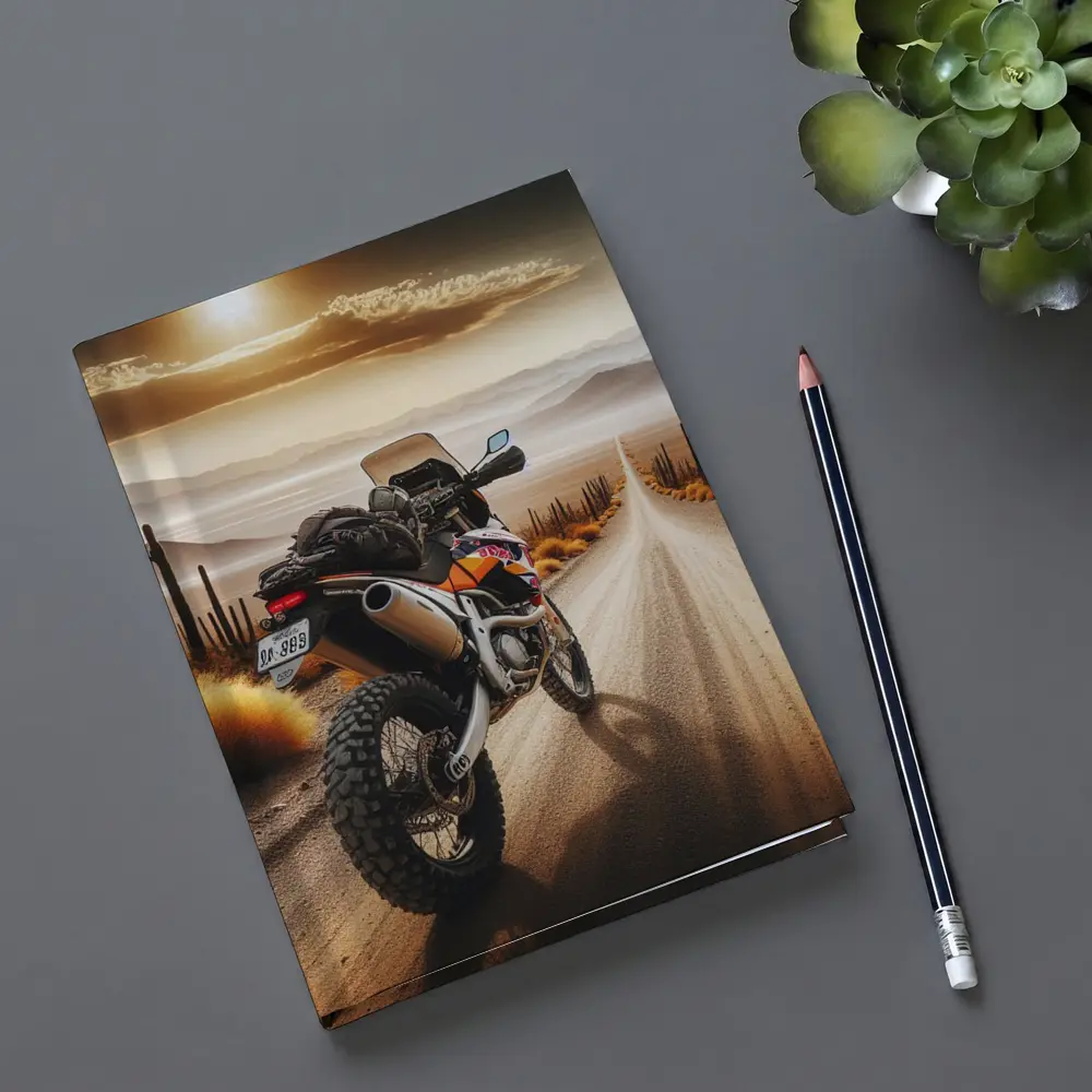 Adventure Motorcycle Desert Road Sunset Scene – Notebooks