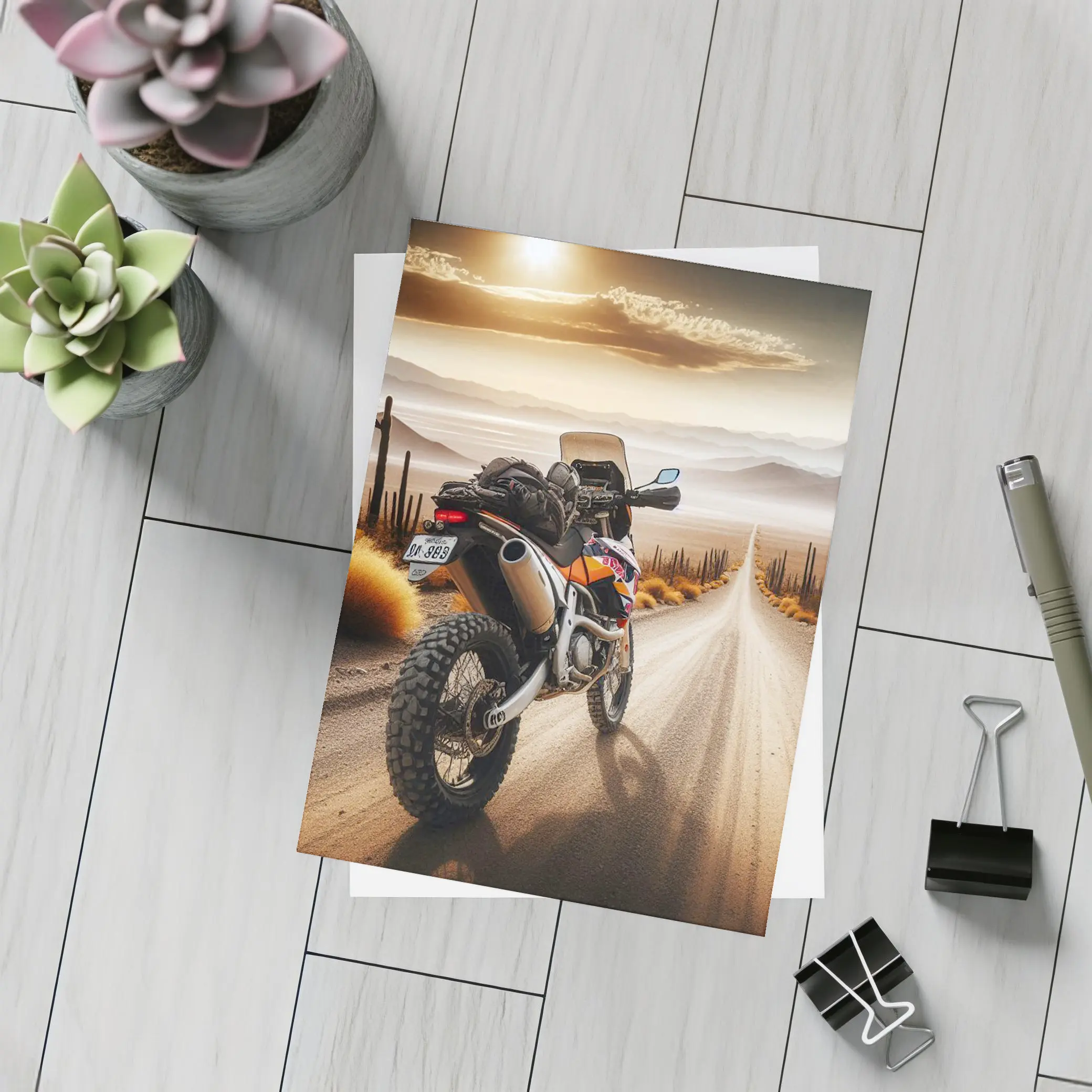 Adventure Motorcycle Desert Road Sunset Scene – Postcards