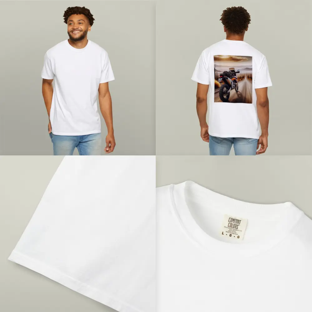 Adventure Motorcycle Desert Road Sunset Scene – T-Shirts
