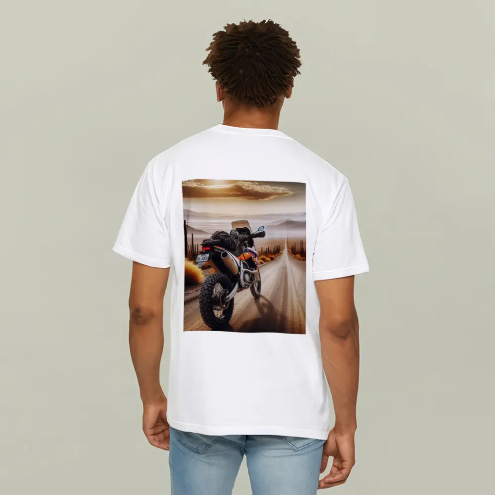 Adventure Motorcycle Desert Road Sunset Scene – T-Shirts