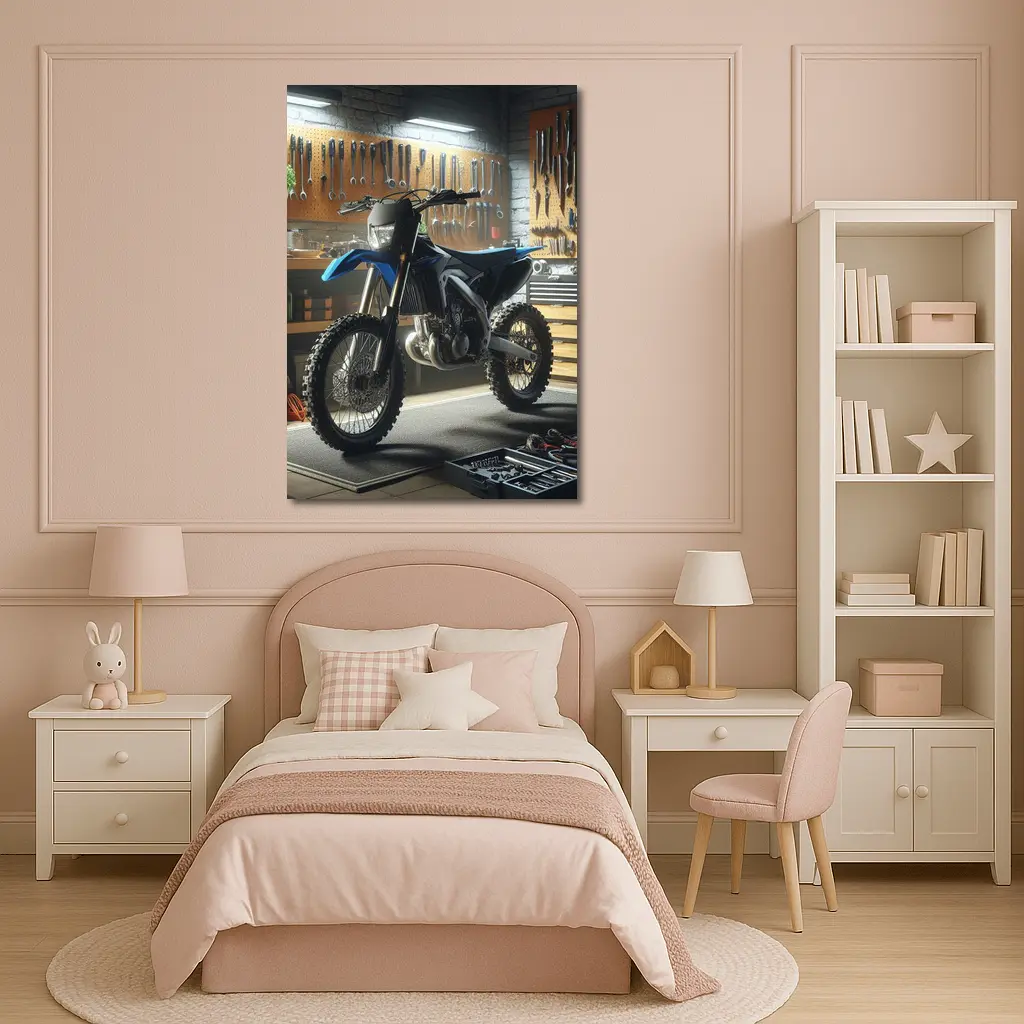 Blue Dirt Bike Parked Inside Mechanic Garage – Wall Art