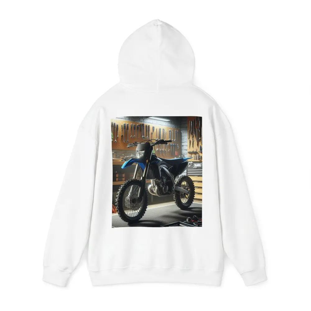 Blue Dirt Bike Parked Inside Mechanic Garage – Hoodies