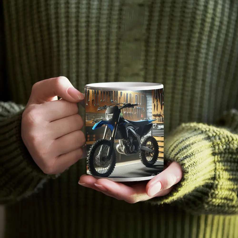 Blue Dirt Bike Parked Inside Mechanic Garage – Mugs
