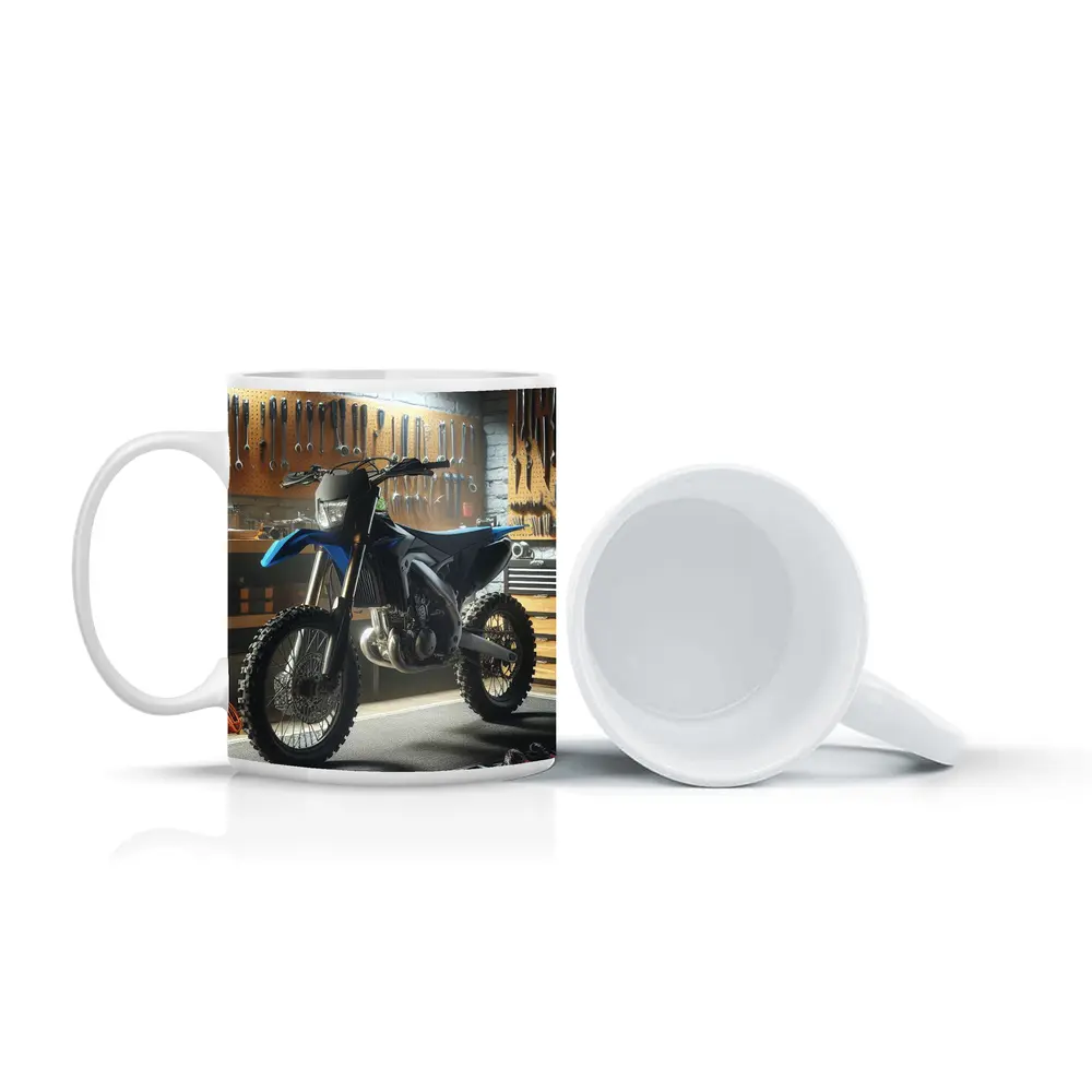 Blue Dirt Bike Parked Inside Mechanic Garage – Mugs