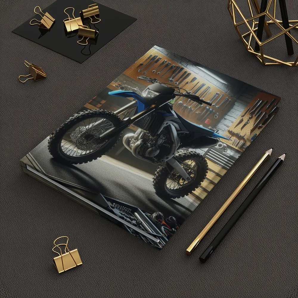 Blue Dirt Bike Parked Inside Mechanic Garage – Notebooks