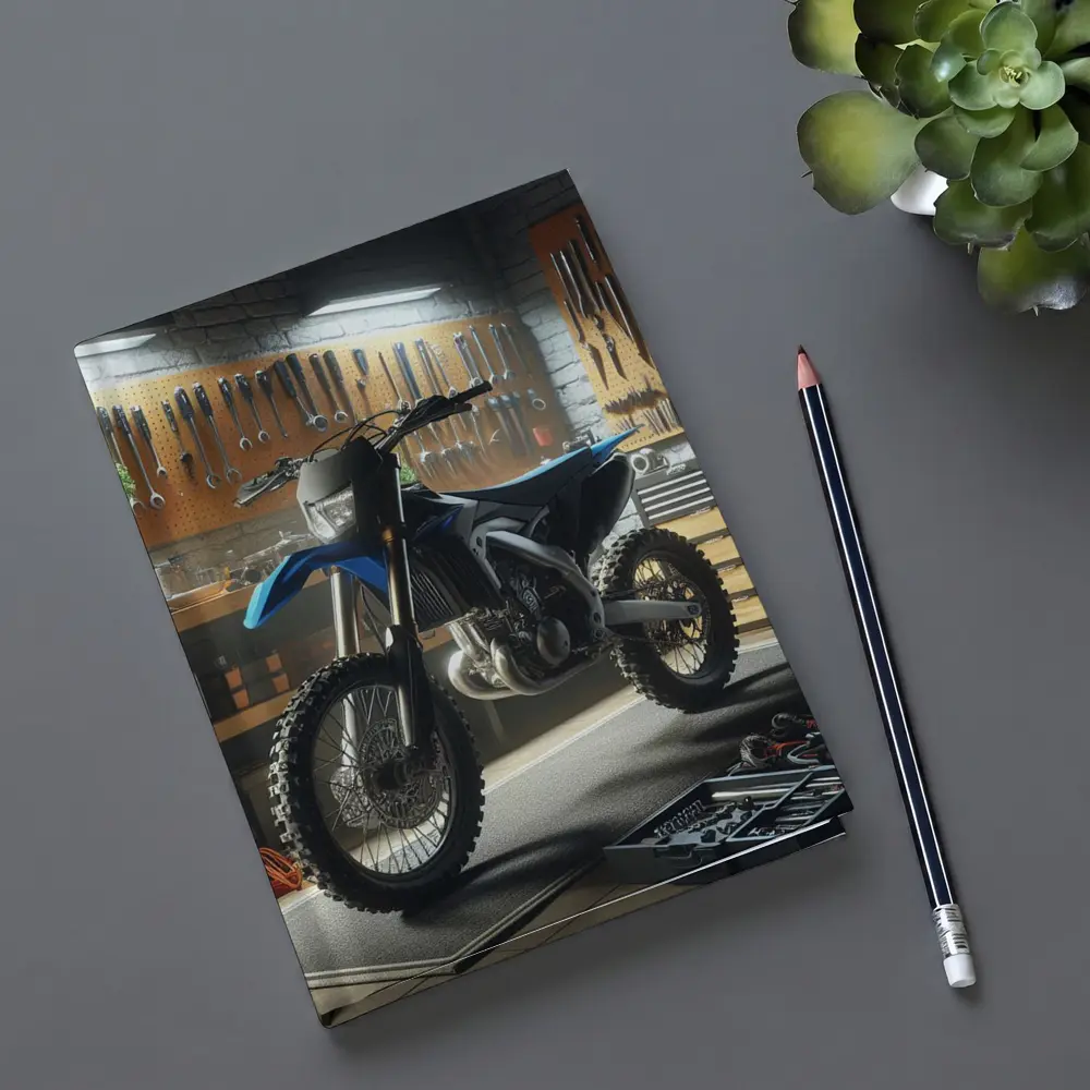 Blue Dirt Bike Parked Inside Mechanic Garage – Notebooks