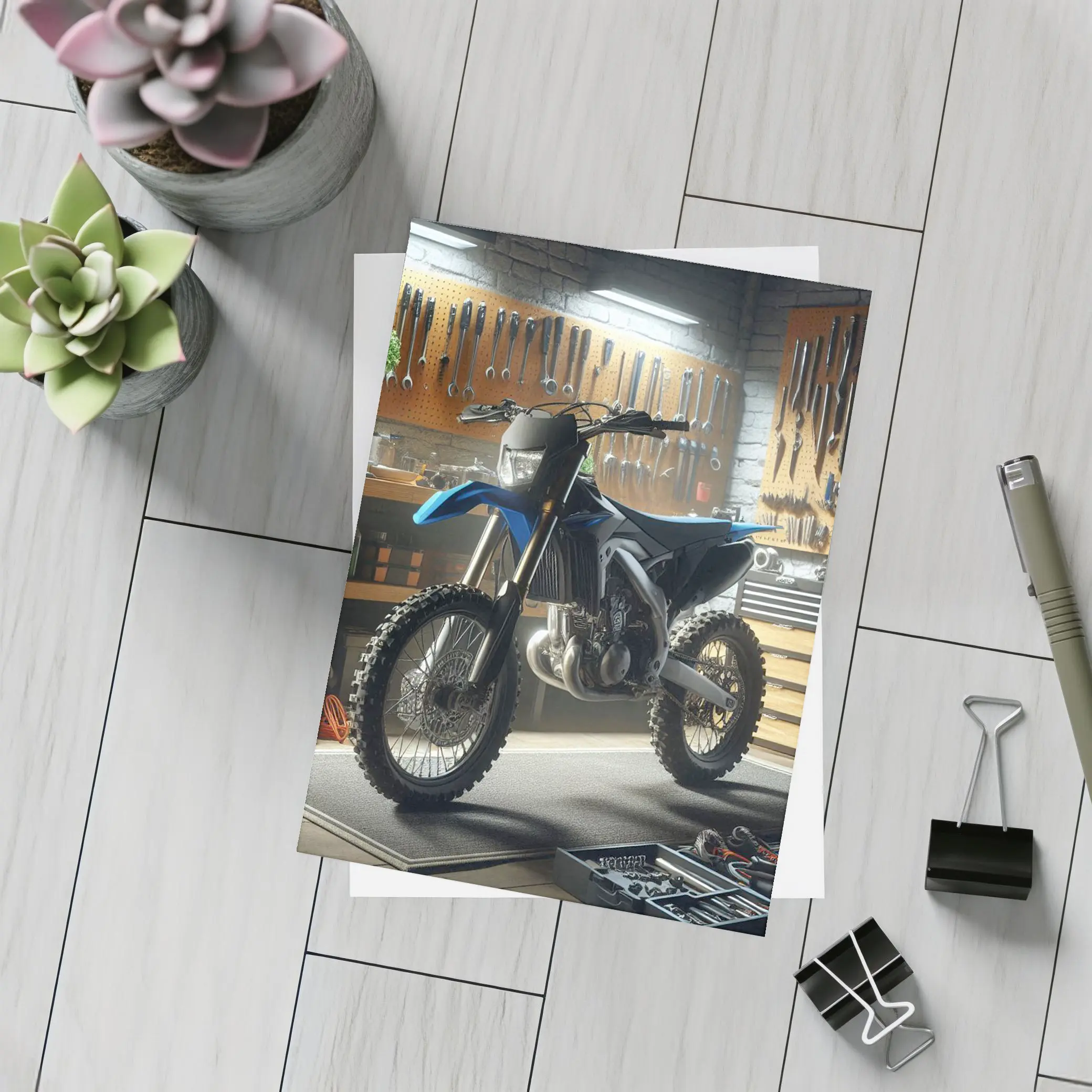 Blue Dirt Bike Parked Inside Mechanic Garage – Postcards