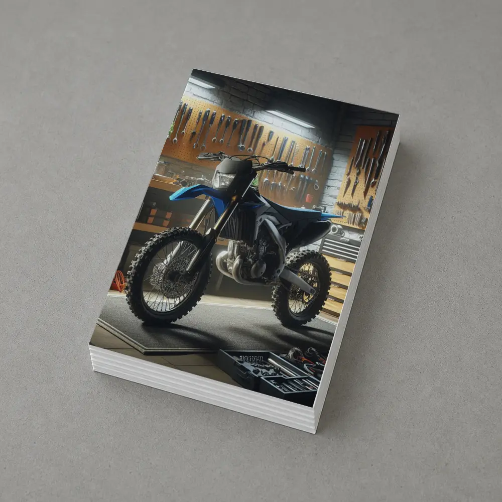 Blue Dirt Bike Parked Inside Mechanic Garage – Postcards