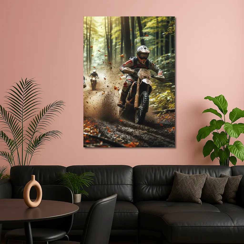 Motocross Dirt Bike Racing Through Forest – Wall Art