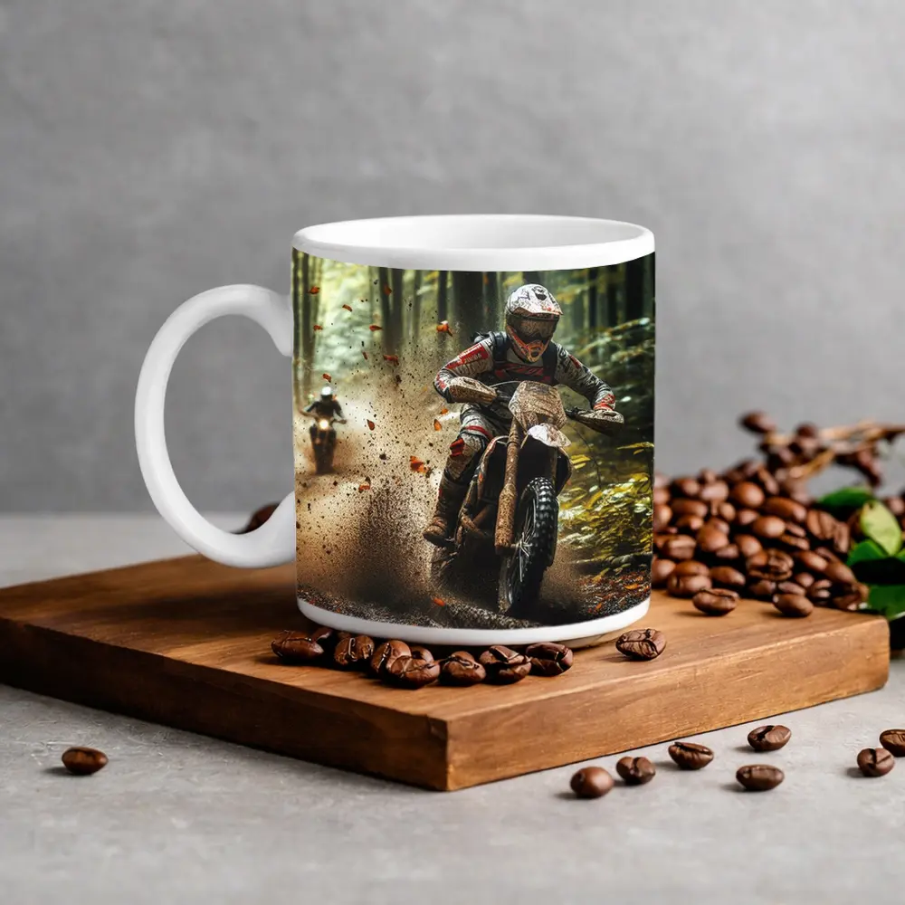 Motocross Dirt Bike Racing Through Forest – Mugs