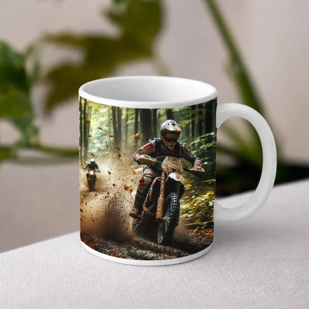 Motocross Dirt Bike Racing Through Forest – Mugs