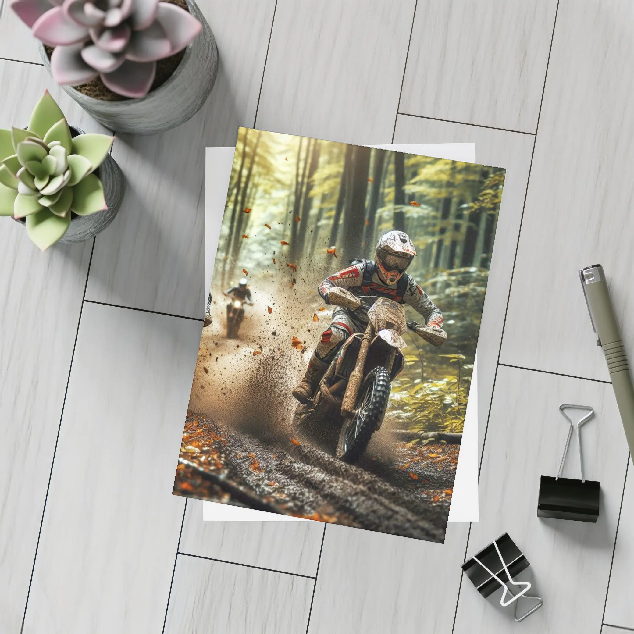 Motocross Dirt Bike Racing Through Forest – Postcards
