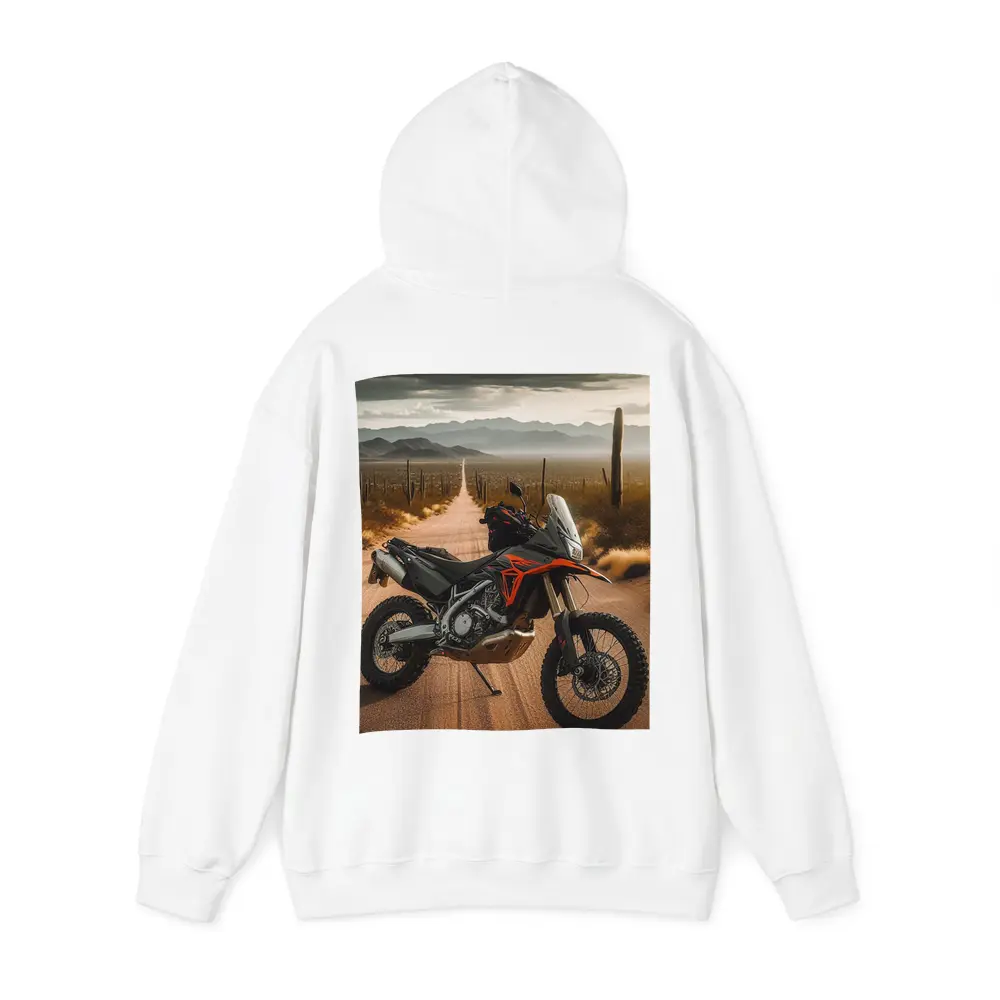 Adventure Motorcycle Parked on Desert Road – Hoodies
