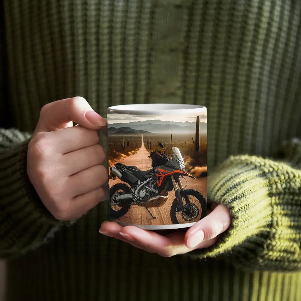 Adventure Motorcycle Parked on Desert Road – Mugs
