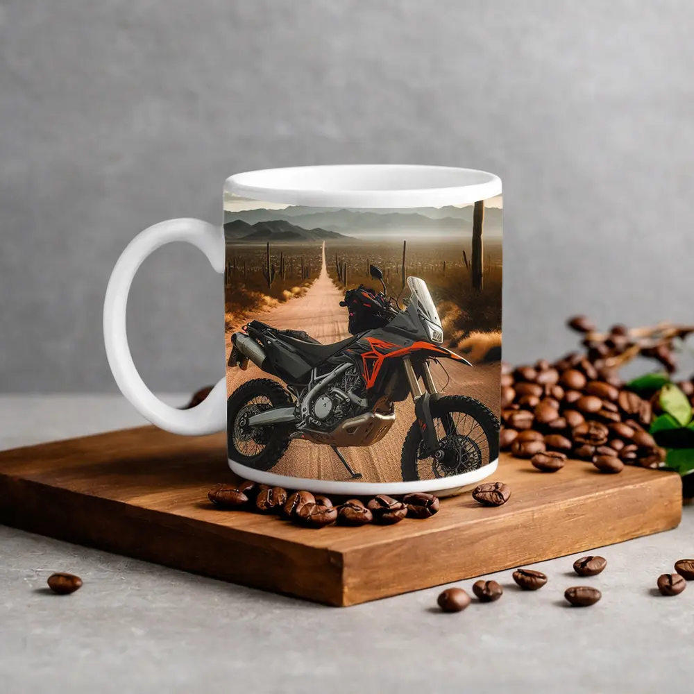 Adventure Motorcycle Parked on Desert Road – Mugs