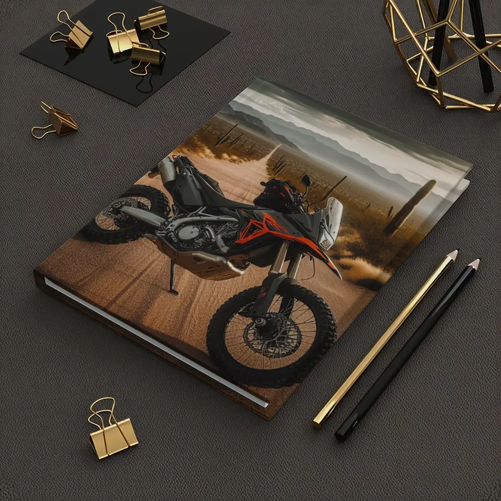 Adventure Motorcycle Parked on Desert Road – Notebooks