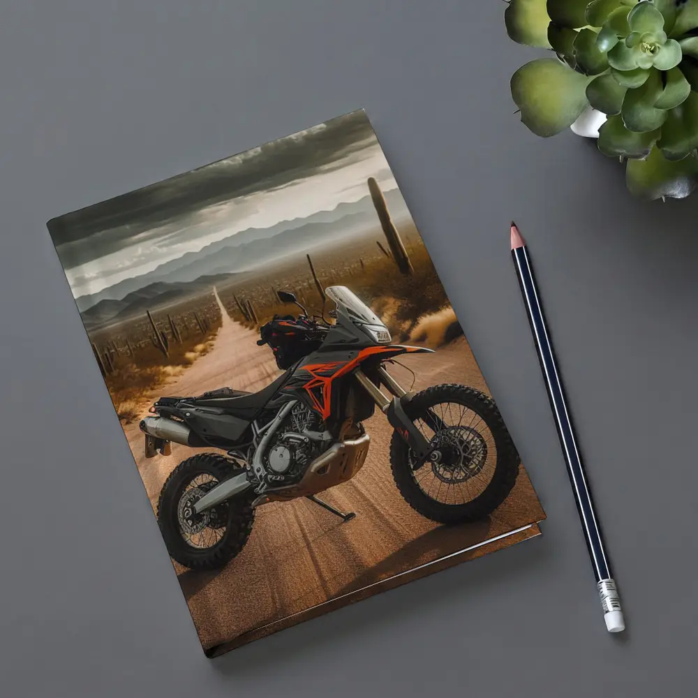 Adventure Motorcycle Parked on Desert Road – Notebooks
